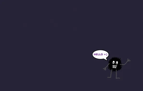 Picture the inscription, black, monster, minimalism, smiley, smile, purple background, greeting