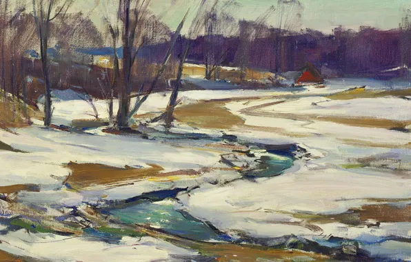 Landscape, nature, picture, impressionism, Stream and Melting Snow, Carl William Peters