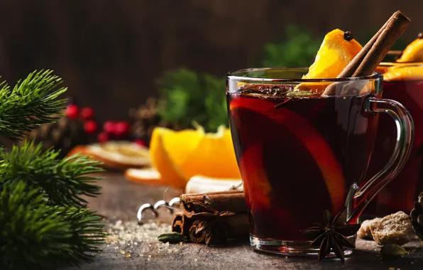 Branches, table, tea, oranges, Christmas, mug, Cup, Cup
