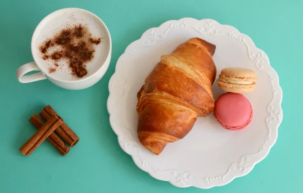 Coffee, plate, Cup, drink, cinnamon, cappuccino, croissant
