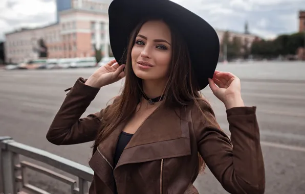 Road, pose, model, portrait, hat, makeup, jacket, hairstyle