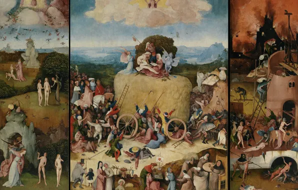 Hieronymus Bosch, right wing - Hell, 1490-1500, The triptych 'the hay', Left wing - Paradise …
