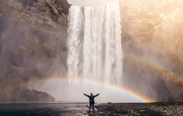 Picture rock, waterfall, rainbow, range, Iceland, Iceland