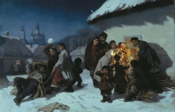 Oil, picture, canvas, genre, Konstantin Trutovsky, Christmas carols in little Russia