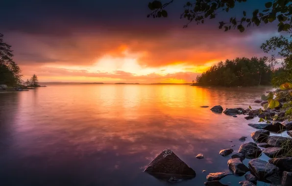 Trees, sunset, lake, stones, Finland, Finland, Tampere, Tampere