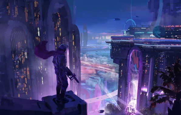 Night, The city, Neon, City, Art, Assassin, Night, Fiction
