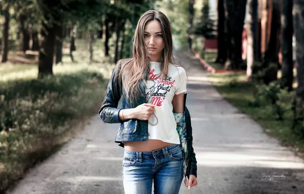 Picture girl, long hair, trees, brown hair, photo, photographer, blue eyes, park