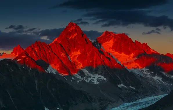 Sunset, Mountains, French Alps, Alpenglow Over the Glacier d'Argentiere