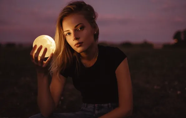 Girl, moon, twilight, long hair, brown hair, photo, photographer, model