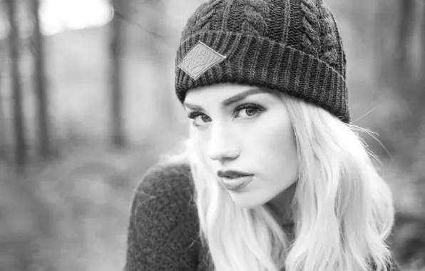 Girl, woman, model, bokeh, black and white, blonde, female, b/w