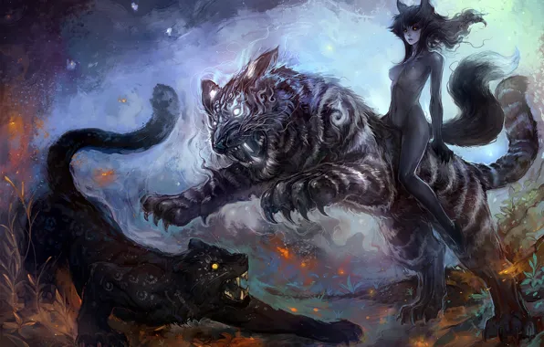 Girl, cats, tiger, predators, Panther, fantasy, art, ears