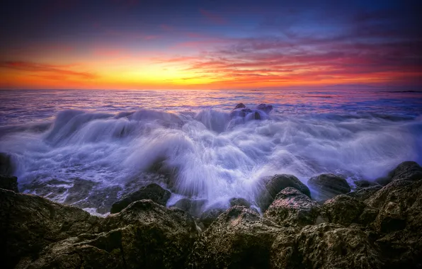 Sea, wave, sunset, stones