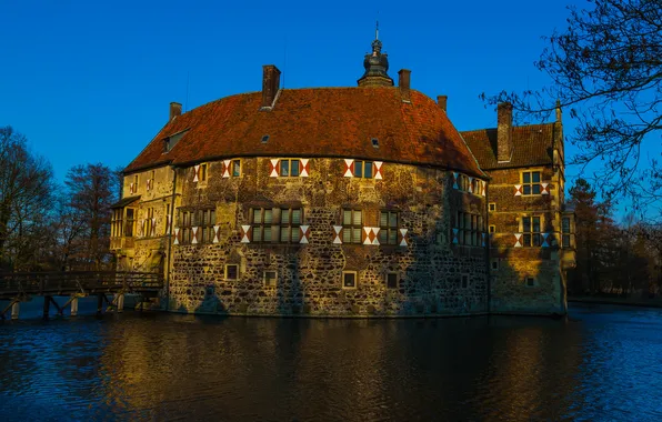 The sky, trees, lake, pond, castle, home, the evening