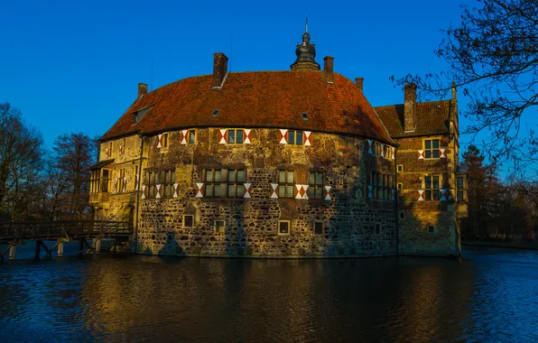 The sky, trees, lake, house, pond, castle, the evening