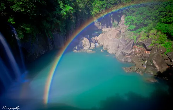 Picture forest, landscape, lake, waterfall, rainbow