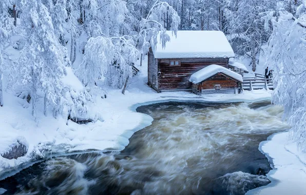 Picture winter, snow, nature, river, home, stream