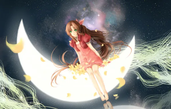 Space, a month, petals, girl, red, sitting, green eyes, starry sky