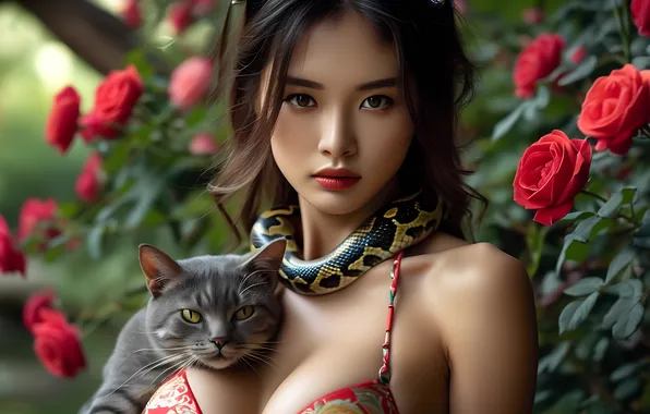 Cat, look, girl, roses, Chinese, Cobra, Asian