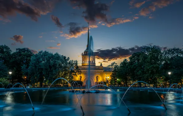 Trees, building, Saint Petersburg, fountain, Russia, Alexander garden, The Admiralty