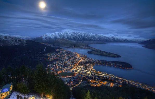 Sea, the sky, clouds, mountains, night, the city, lights, The moon