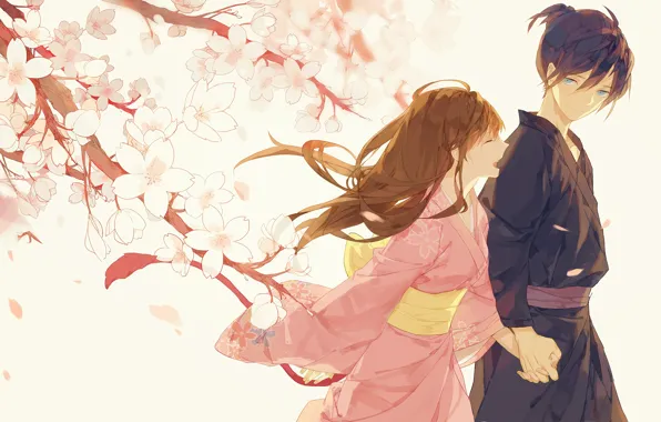 Branches, spring, Sakura, blue eyes, two, yukata, A Homeless God, Yato