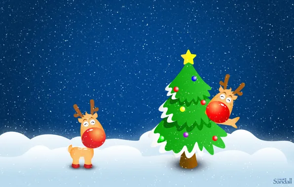 Winter, snow, tree, new year, Deer