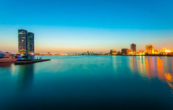 Sea, night, lights, skyline, UAE, UAE, Ras al Khaimah