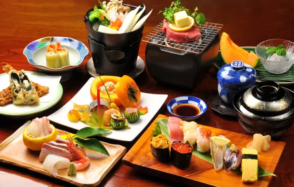 Picture table, mushrooms, ice cream, vegetables, sauce, Japanese food, rolls, seafood