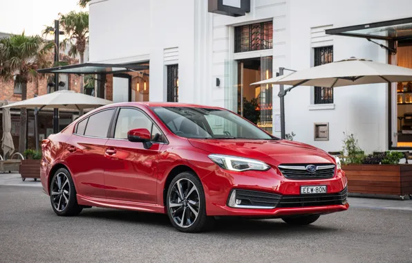 Car, machine, lights, the building, Subaru, red, sedan, side