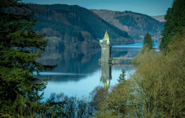 Picture forest, lake, surface, calm, tower, Wales, Wales, Lake Vyrnwy