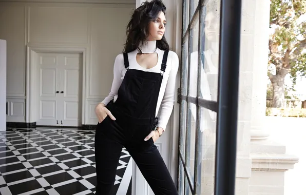 Picture look, girl, photo, model, figure, window, beautiful, jumpsuit