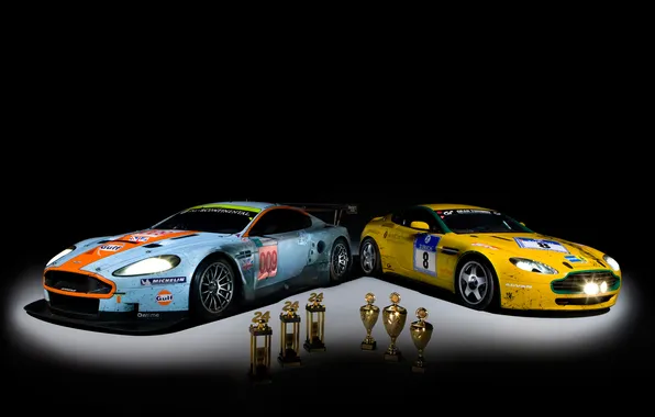 Aston Martin, aston martin, black background, championship gt3, racing cars, the winners, cups, dbrs9