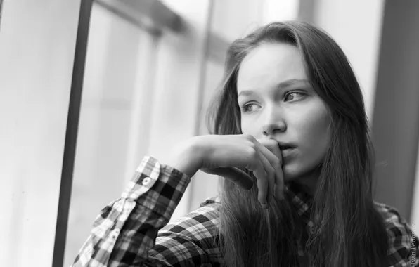 Girl, reverie, black and white, view, shatenka