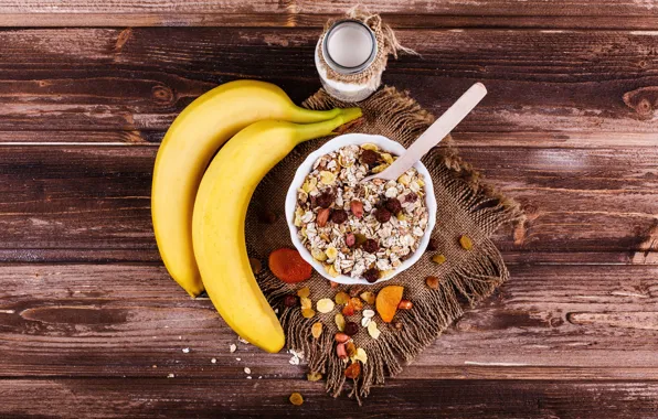 Background, Board, spoon, bananas, Cup, nuts, raisins, muesli