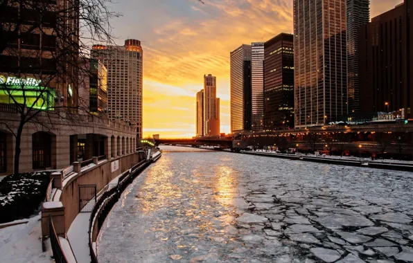 Ice, winter, water, snow, sunset, the city, Chicago, Skyscrapers