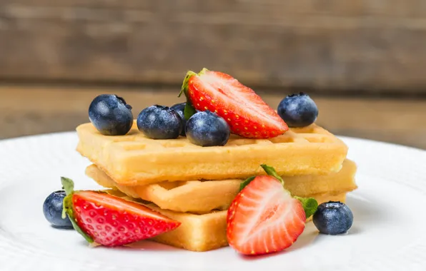 Berries, blueberries, strawberry, dessert, waffles