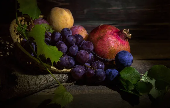 Grapes, fruit, still life, peach, burlap, garnet