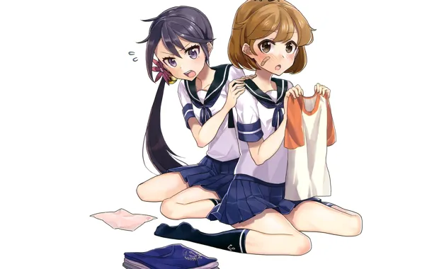 Crab, white background, blush, knee, Schoolgirls, friend, sitting, embarrassment