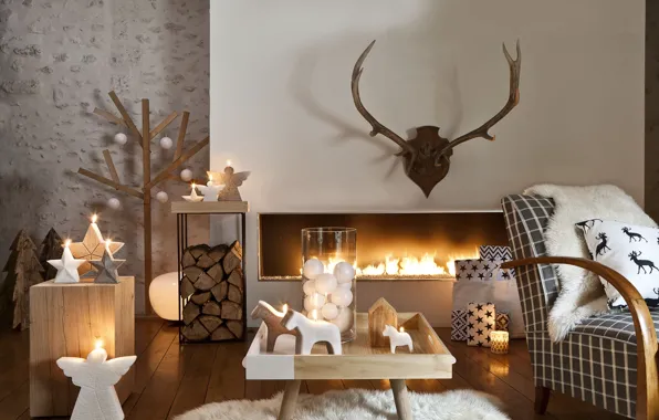 Decoration, room, Christmas, New year, fireplace, furnished, modern