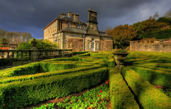Greens, summer, clouds, house, style, landscape, the fence, garden