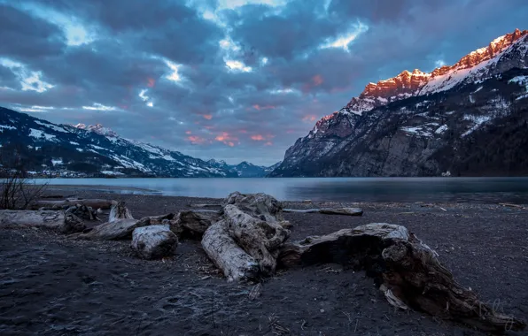 The sky, clouds, snow, sunset, mountains, clouds, lake, rocks