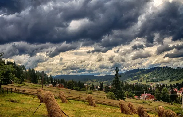 Picture clouds, mountains, clouds, field, home, slope, hay, Ukraine