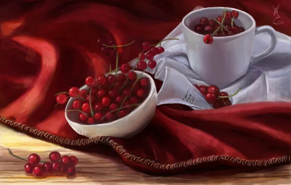 Berries, art, mug, red, currants, napkin, bowl