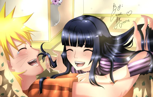 Girl, joy, room, hugs, guy, Naruto, Naruto, art