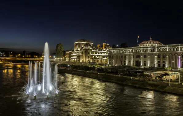 Picture night, bridge, lights, river, lights, fountain, promenade, Macedonia