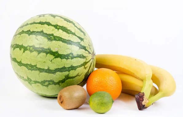 Picture watermelon, kiwi, bananas, white background, lime