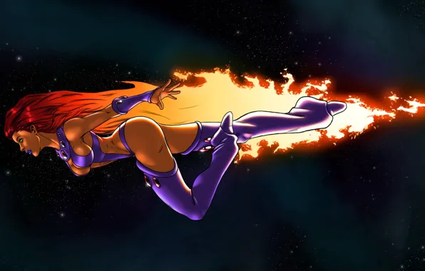 Picture girl, space, flight, art, cosmos, fly, DC Comics, Starfire