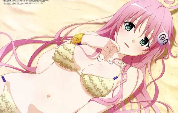 Girl, beach, pink hair, green eyes, long hair, jewelry, Lala Satalin Deviluke, hairpins