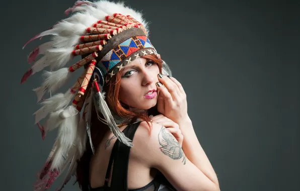 Picture look, girl, face, background, feathers, tattoo, headdress