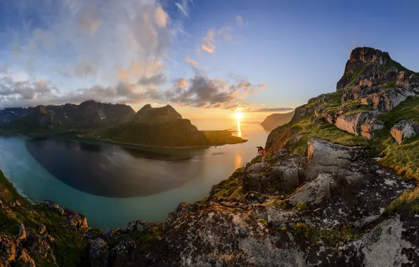 The sky, girl, the sun, clouds, sunset, mountains, lake, stones